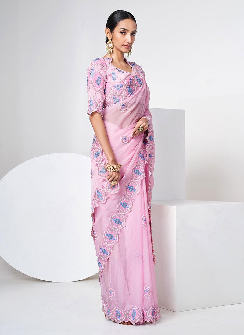 Queen Anne Neckline Baby Pink Organza Saree Choice For Sale