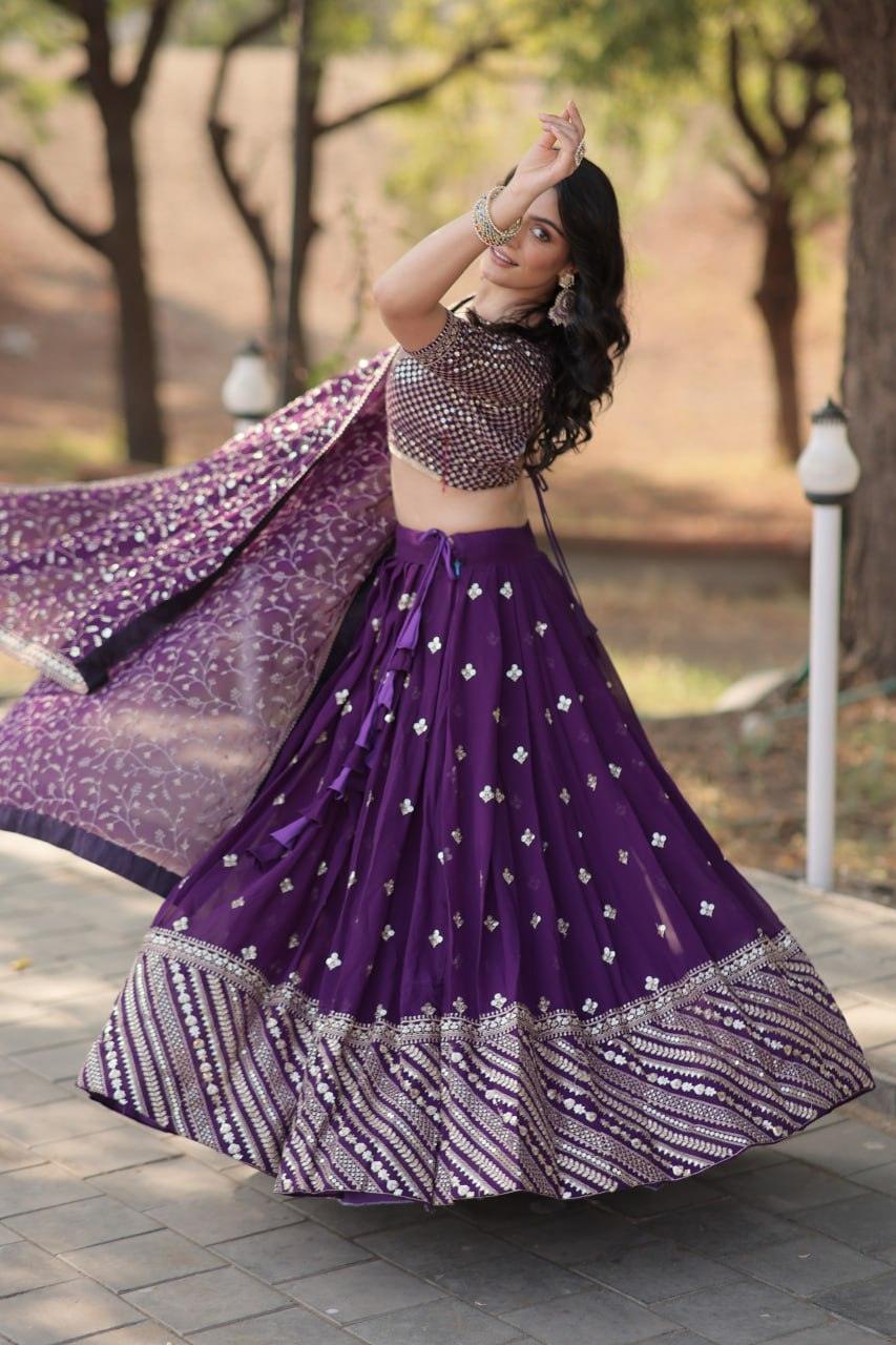 Spectacular Purple Faux Georgette Sequins Thread Embroidered Lehenga Set Best Sale Cheap Pice