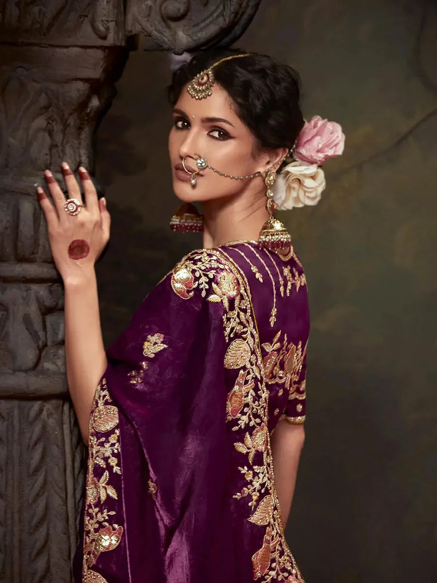 Elegant Burgundy Embroidered Fancy Saree The Cheapest