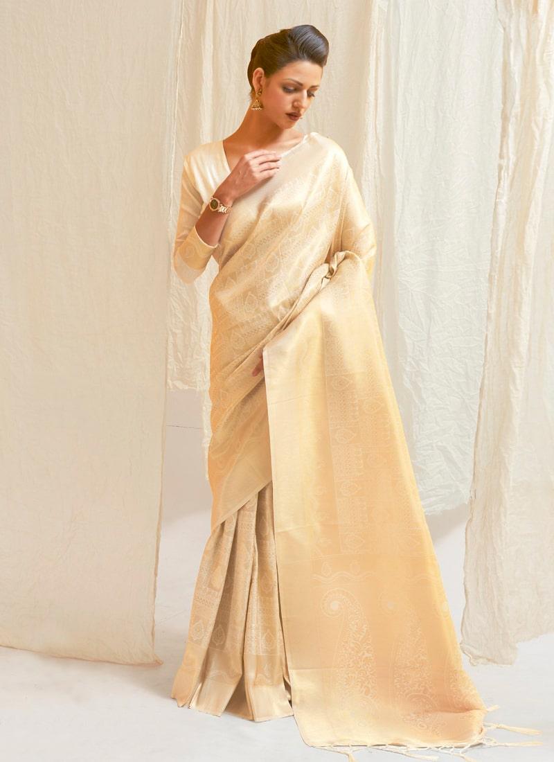 Designer Off-White Saree With Same Color Blouse Comfortable Cheap Pice