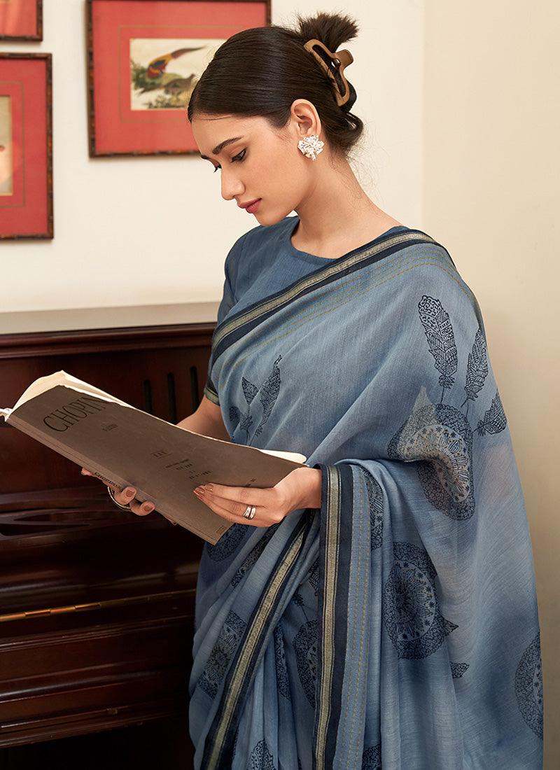 Round Neck Grey Color Floral Print Saree Discount Outlet Locations