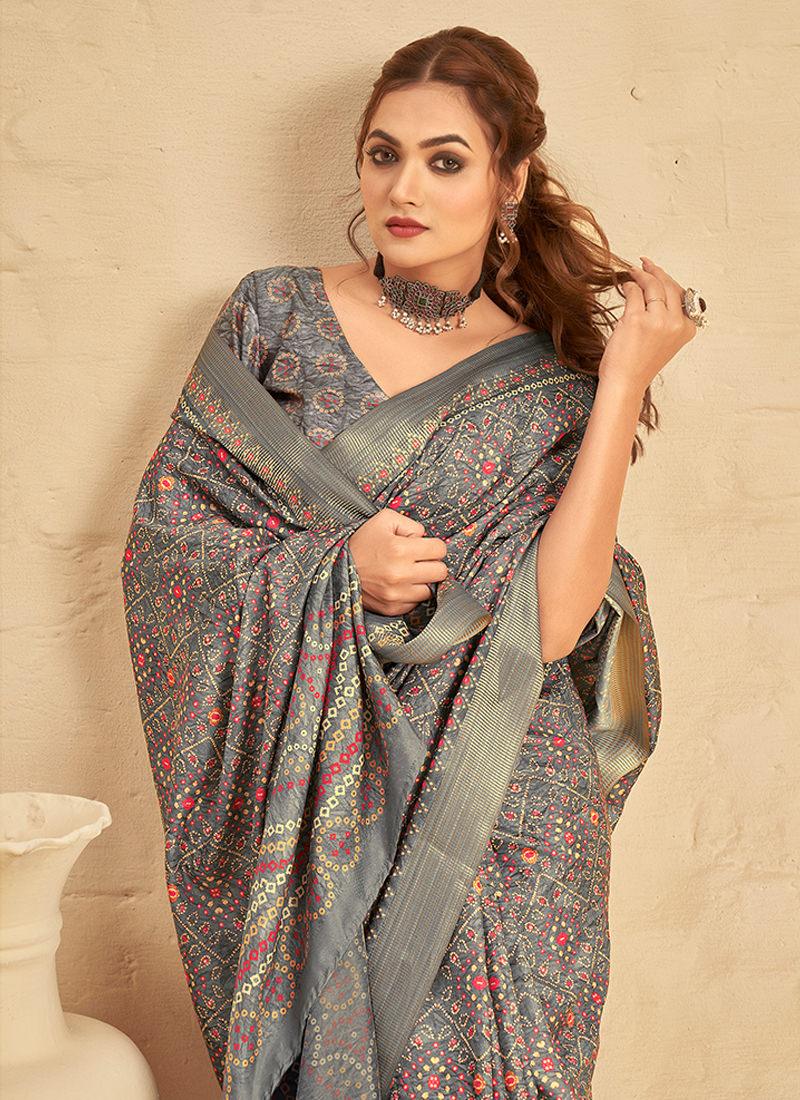 Silk With Digital Print Grey Saree Cheap Lowest Pice