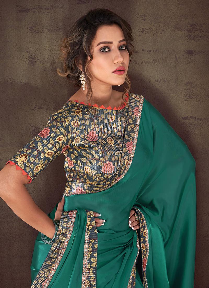 Green Solid Saree With Printed Blouse Affordable Cheap Online