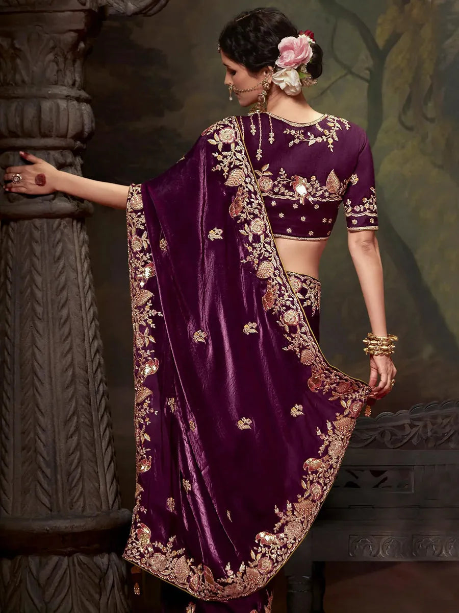 Elegant Burgundy Embroidered Fancy Saree The Cheapest