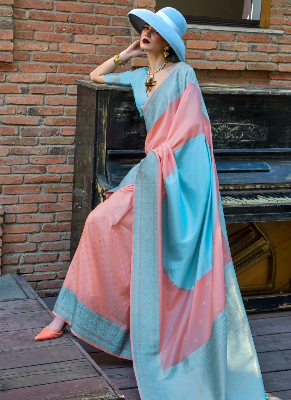 Classic Light Blue-Peach Handloom Silk Trendy Saree Buy Cheap Free Shipping