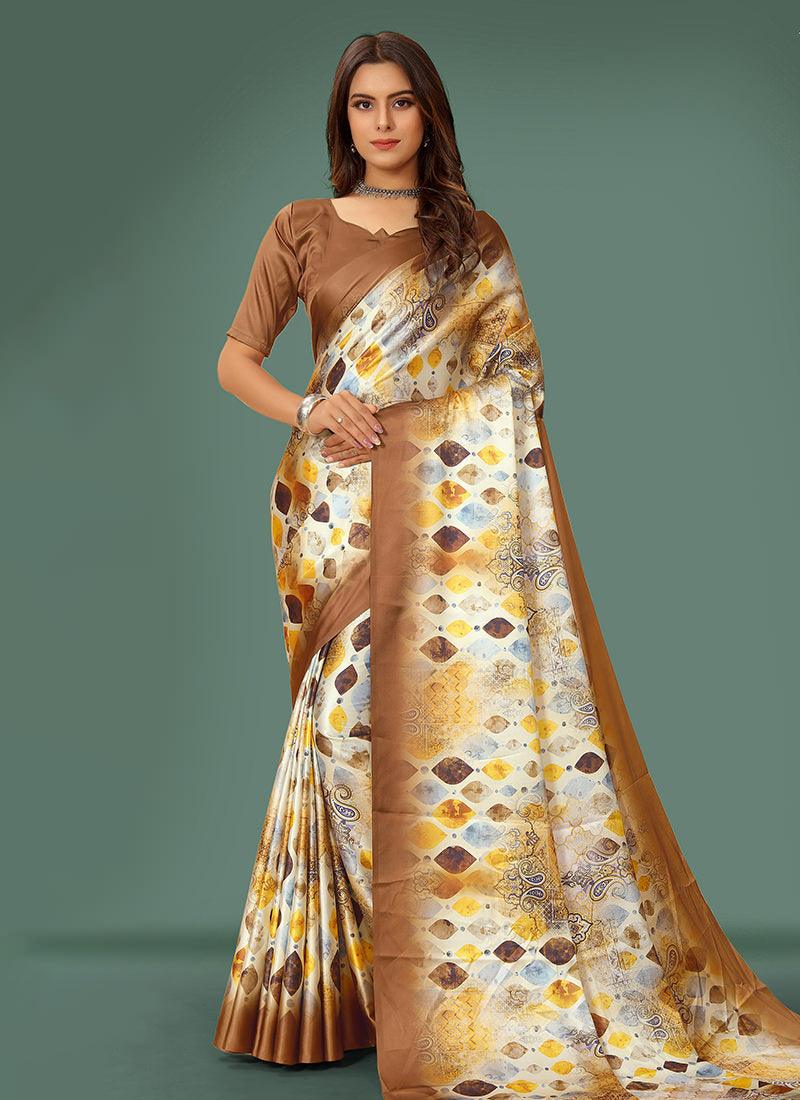 Brown Color Half Sleeves Satin Saree Manchester Great Sale Cheap Pice