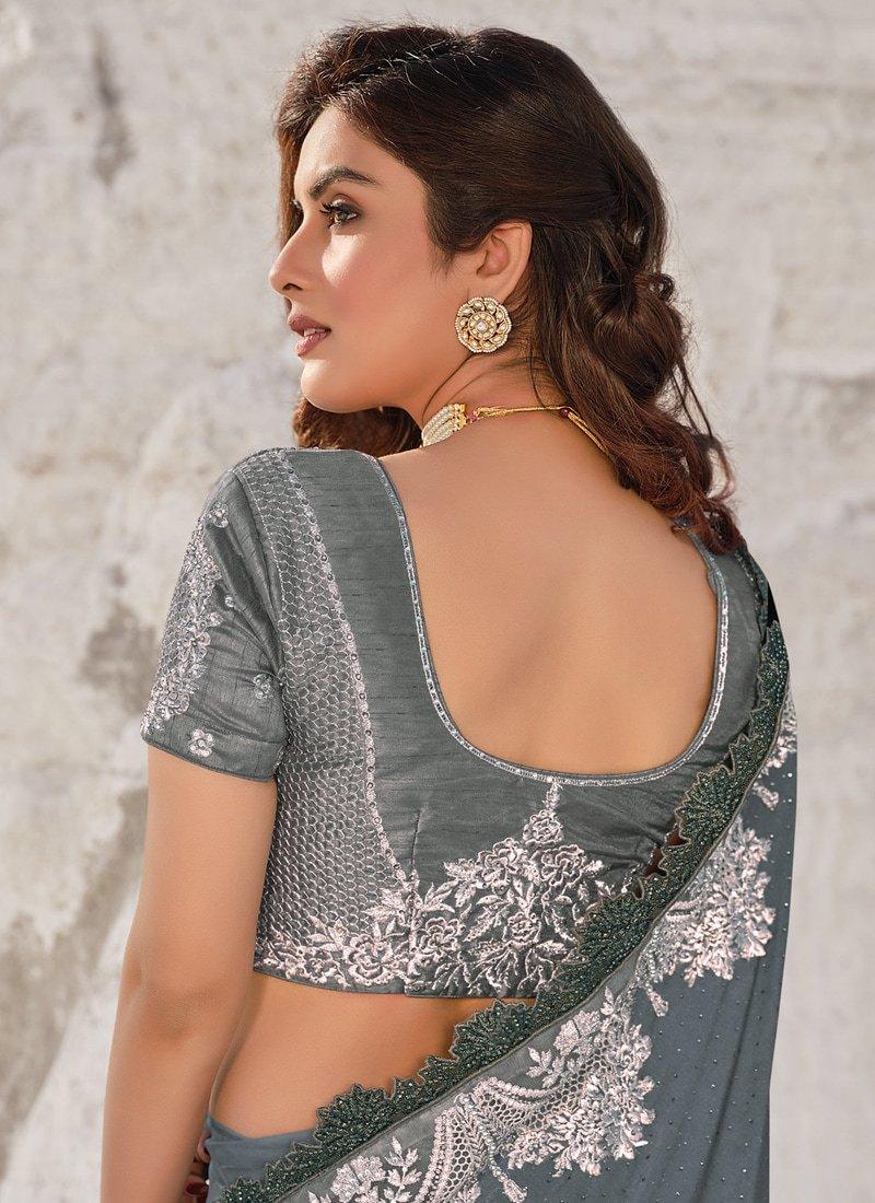 Astonishing Look Grey Color Soft Net Base Stone Work Embroidered Saree Pictures Online