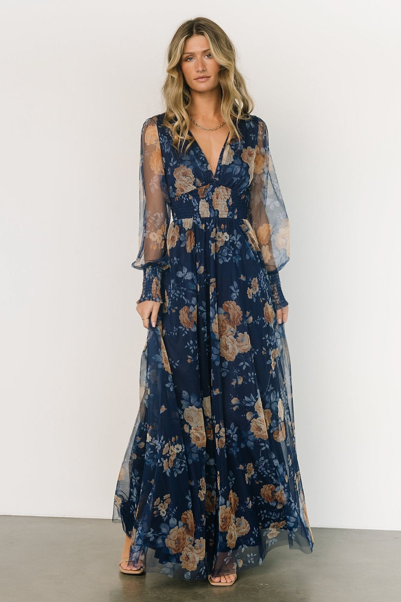 Layla Tulle Maxi Dress | Blue + Golden Floral For Sale Wholesale Pice