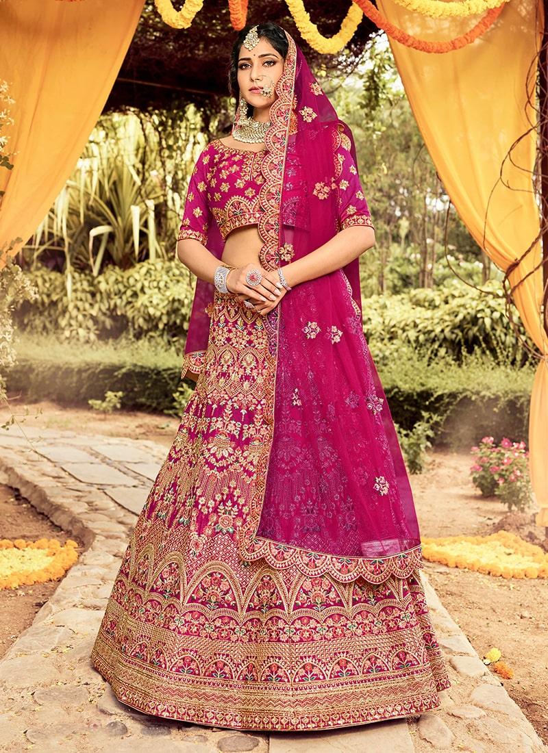 Pink Color Raw Silk Fabric Heavy Work Bridal Wear Lehenga Choli Cost Cheap Online