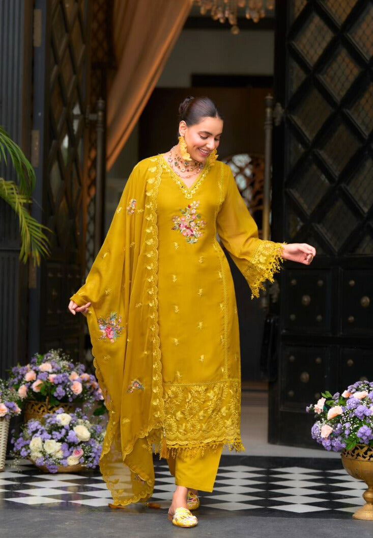 Stunning  Mustard Organza Embroidered Salwar Suit Free Shipping 100% Original