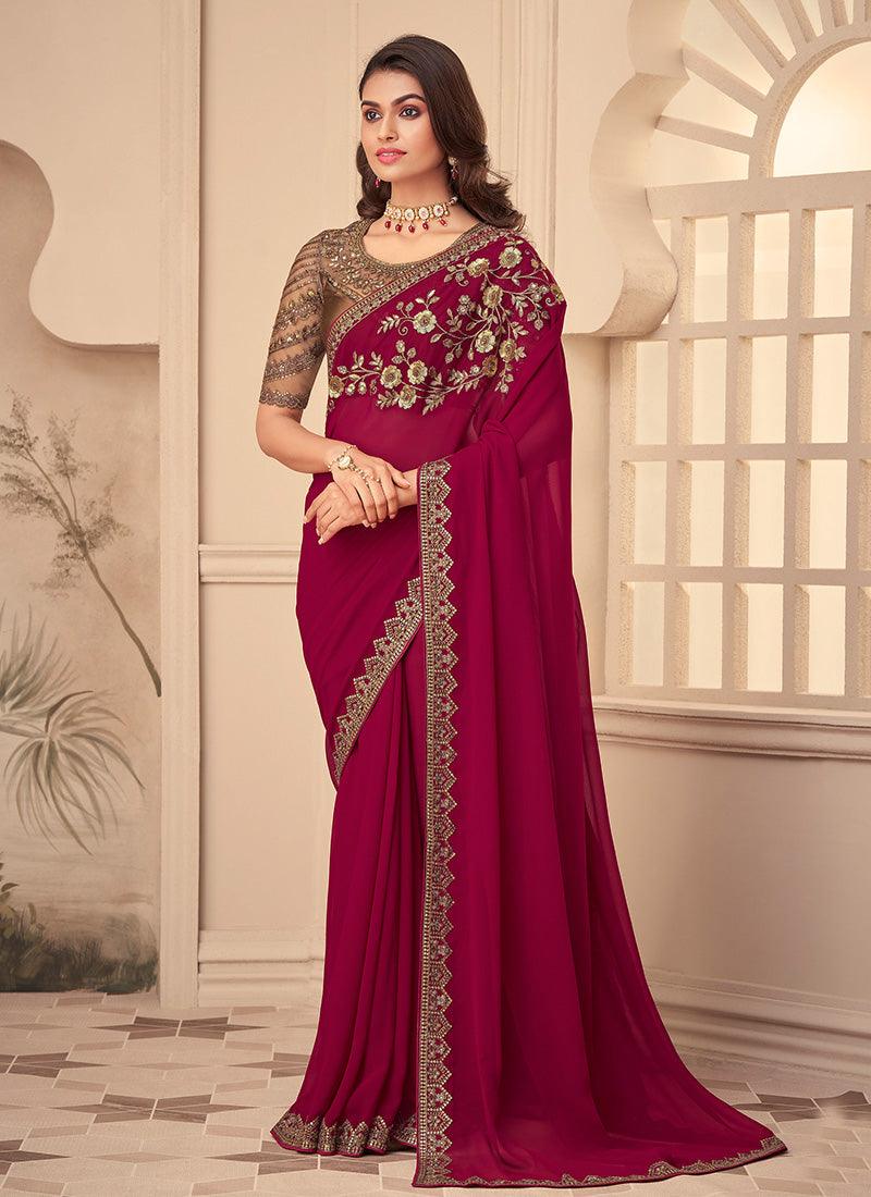 Fancy Rani Pink Color Georgette Base Saree With Sequins Work Discount The Cheapest