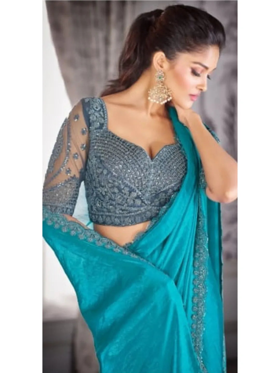 Comforting Sky Blue Satin Organza Embroidered Saree New Arrival For Sale