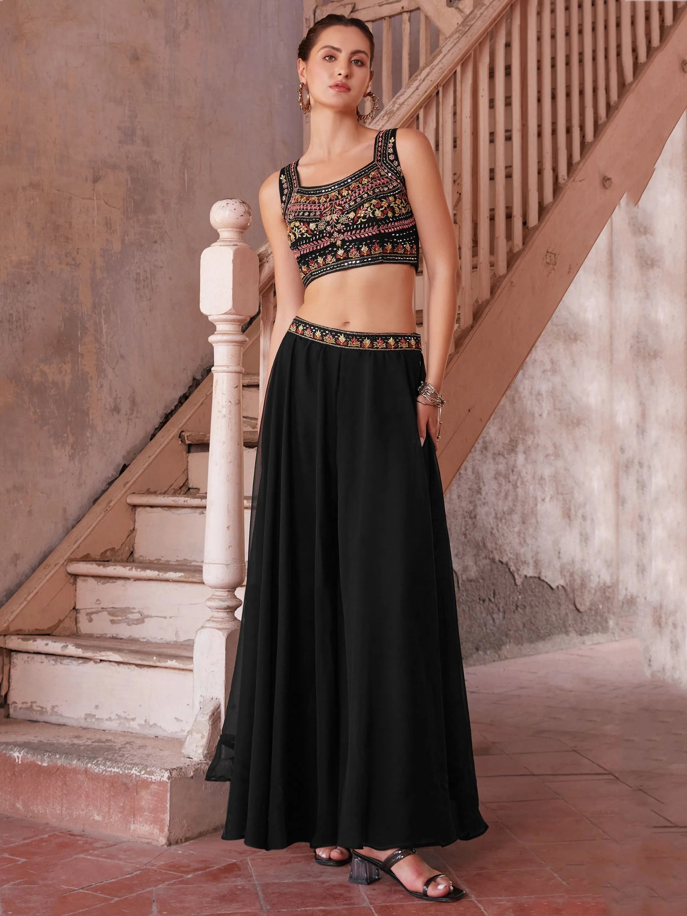 Sophisticated Black Fancy Fabric Palazzo Suit with Designer Top Free Shipping For Sale