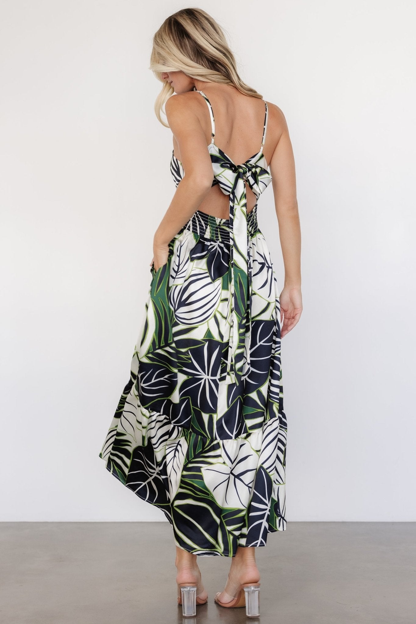 Norita Tie Back Tank Dress | Black + Green Print Popular