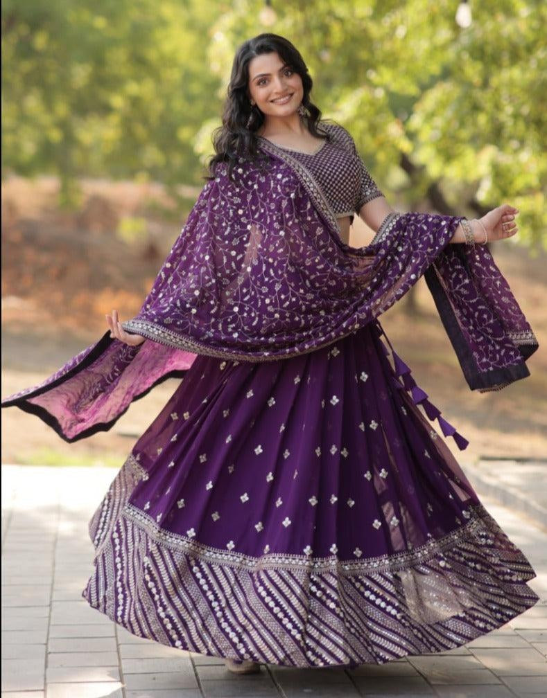 Spectacular Purple Faux Georgette Sequins Thread Embroidered Lehenga Set Best Sale Cheap Pice