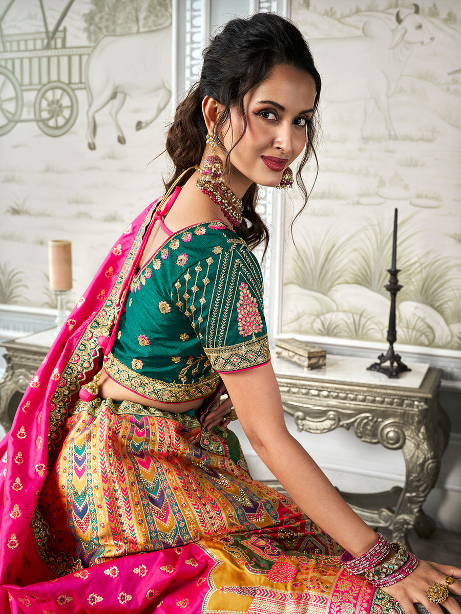 Designer Pink-Green Banarasi Silk Bridal Lehenga Choli Set Cheap Sale Big Sale