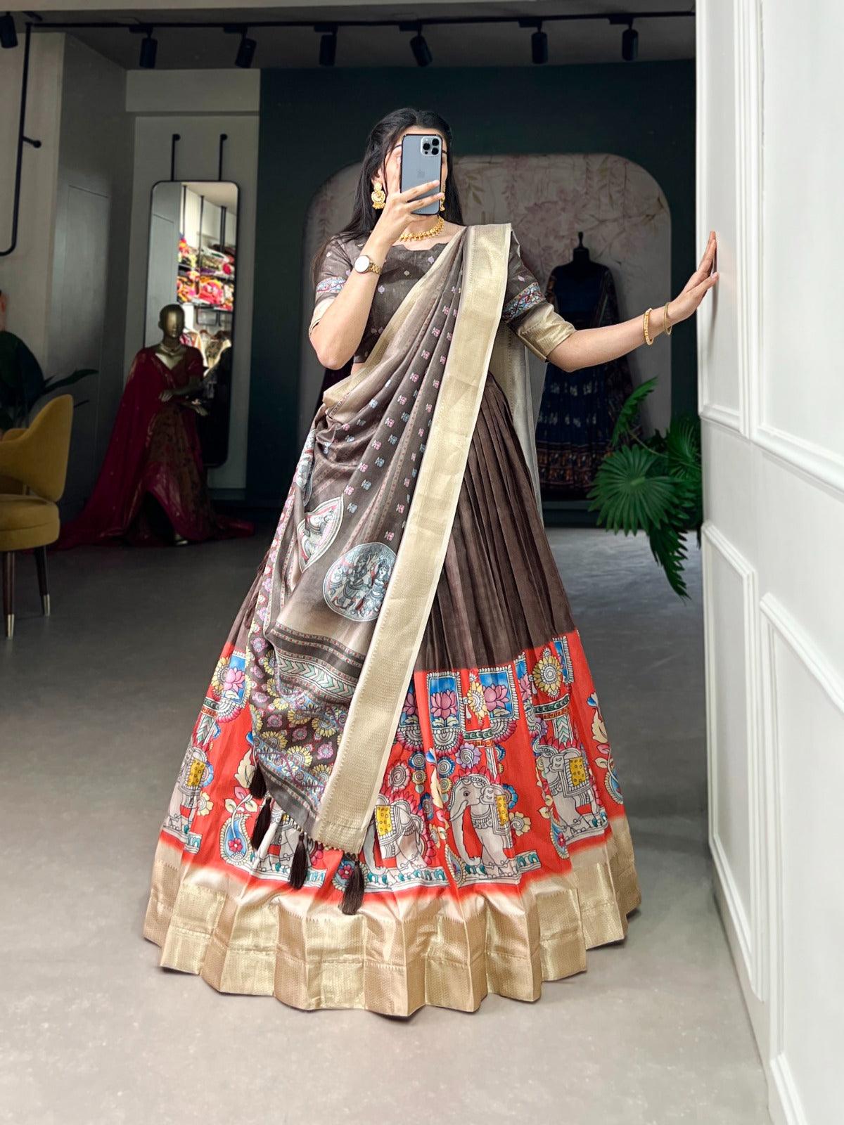 Kalamkari Printed Dola Silk Festival Wear Lehenga Choli Sale Geniue Stockist