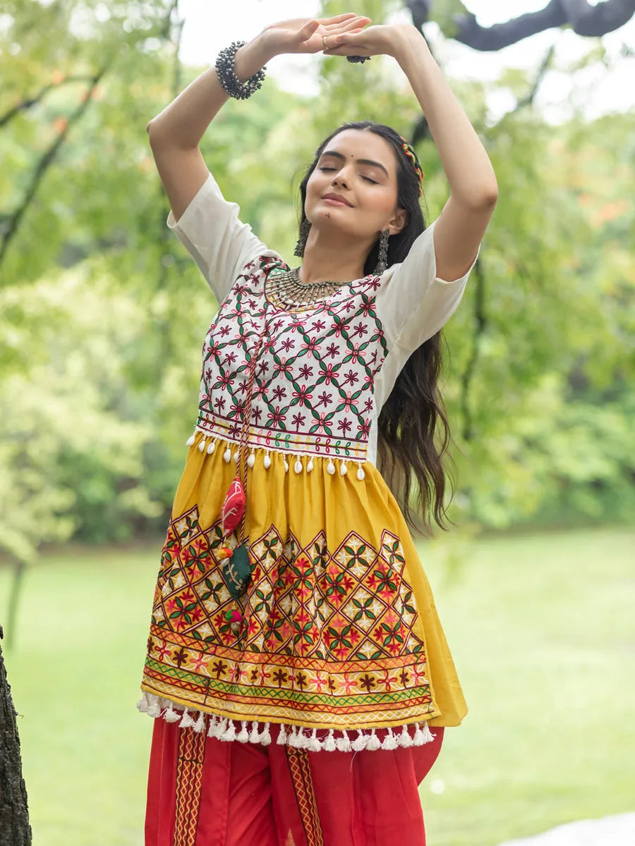 Off-White and Yellow Embroidered  Kedia Set for Navratri 2025 New