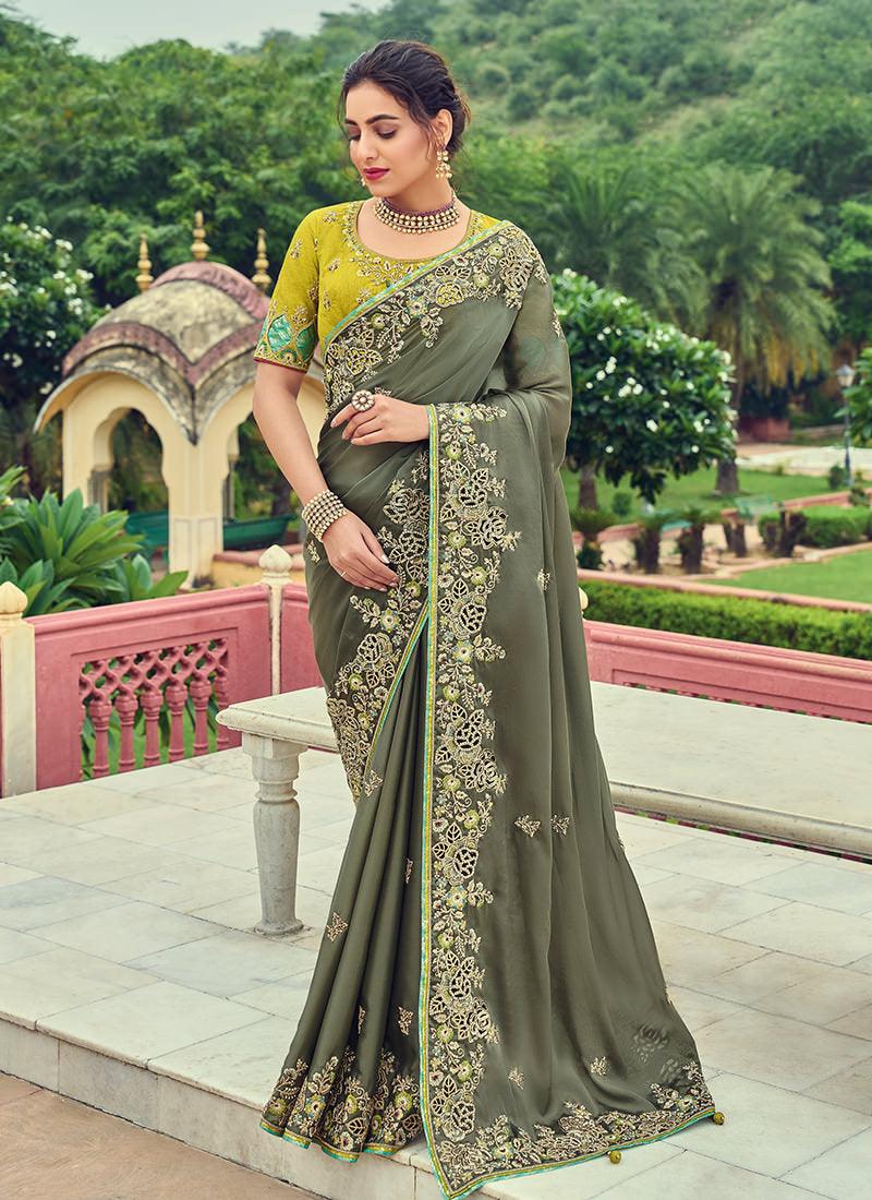 Olive Green Embroidered Organza Saree Outlet Best Seller