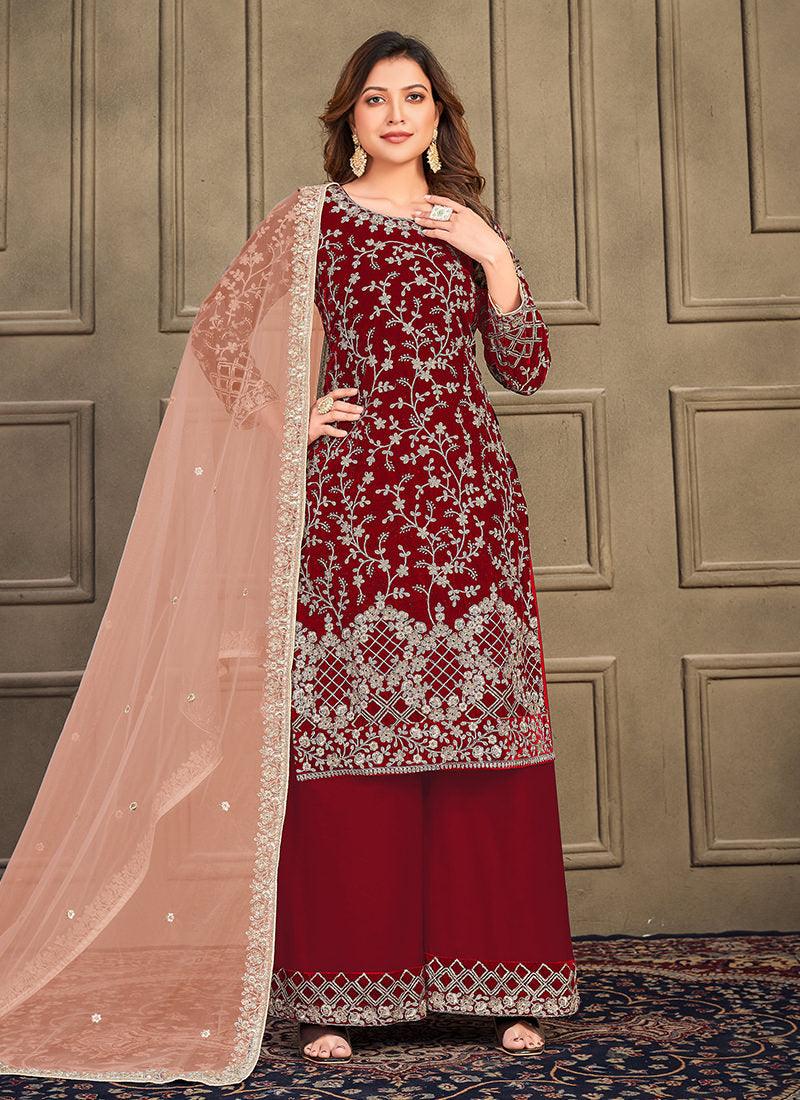 Dori Embroidery Maroon Palazzo Suit Cheap Discount Sale