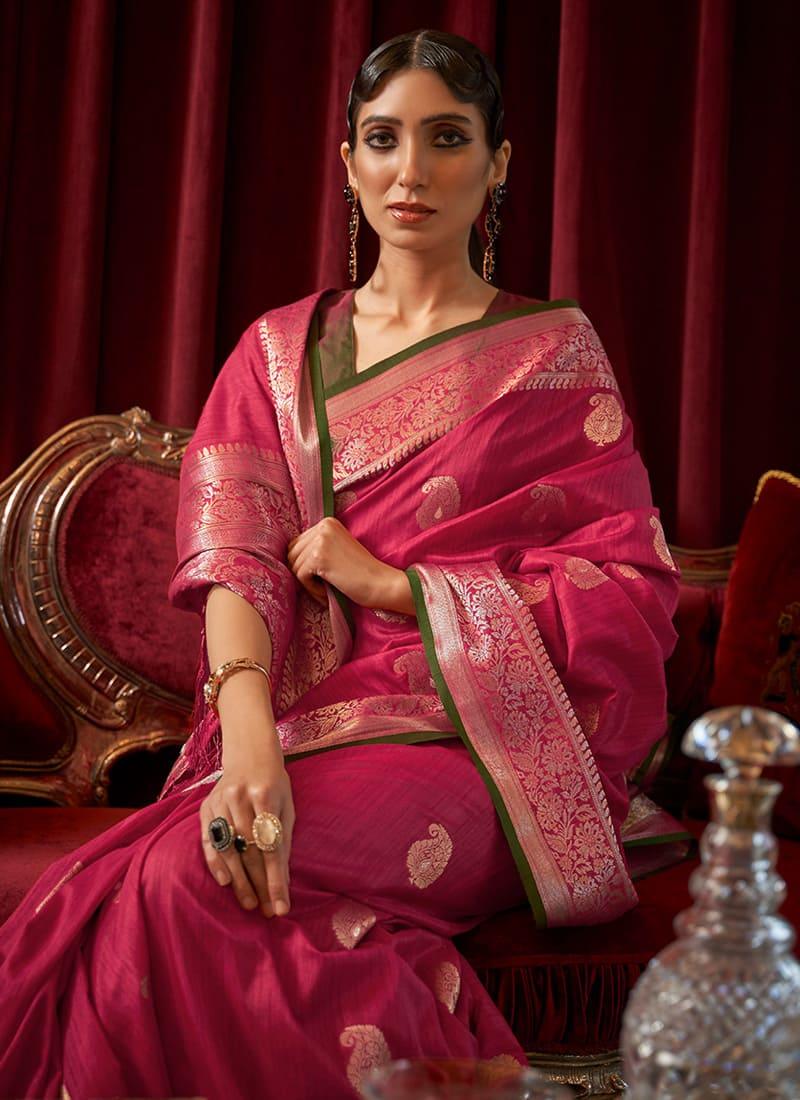 Pink Color Silk Fabric Printed Saree With Contrast Blouse Reliable Sale Online