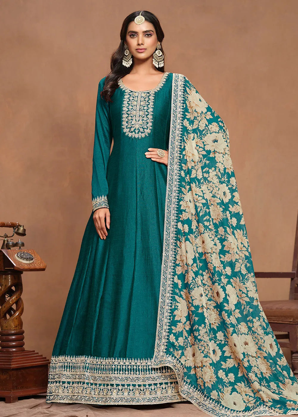 Elegant Art Silk Teal Green Embroidered Anarkali Gown Buy Cheap Very Cheap