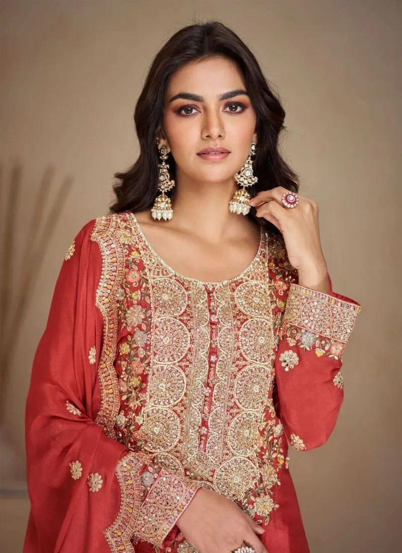 Classic Embroidered Rust Red Pure Chinon Palazzo Suit Tumblr Sale Online