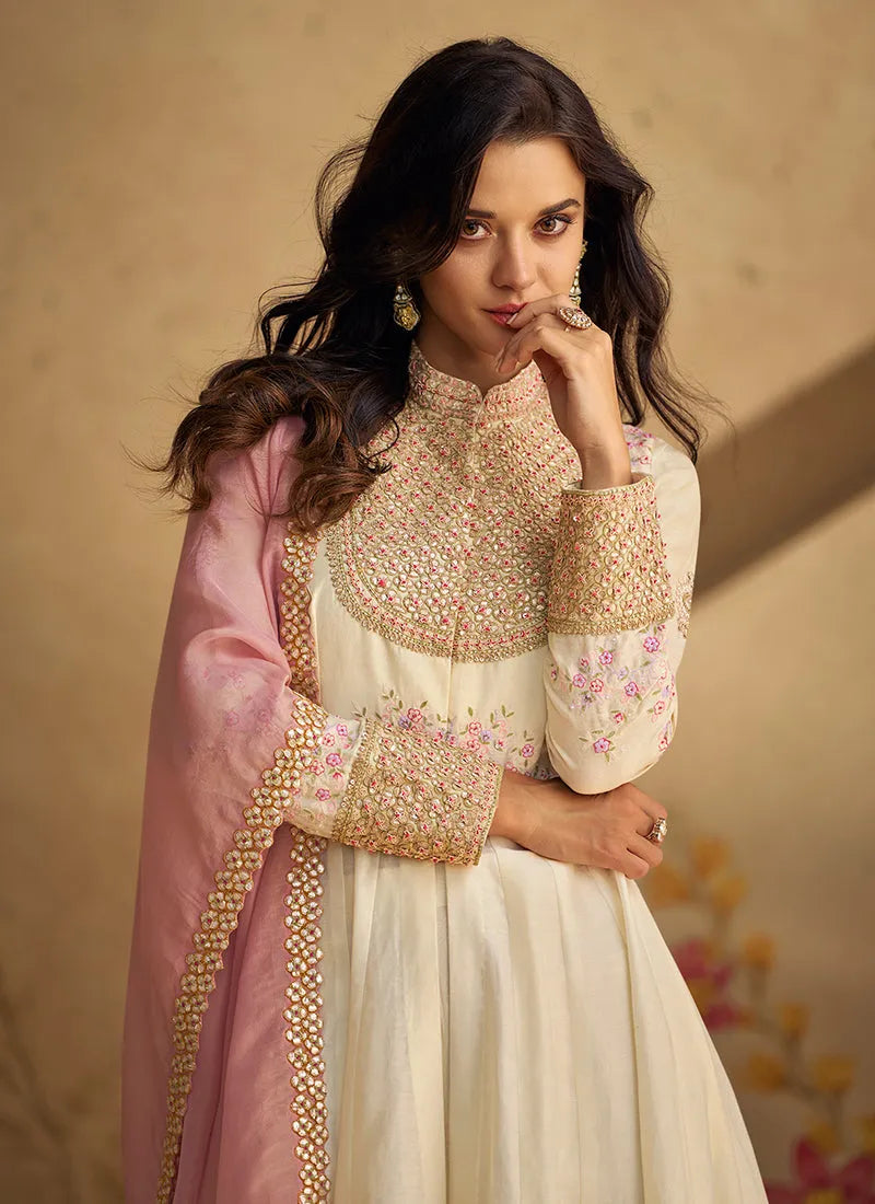 Cream Pure Silk Embroidered Designer Anarkali Pant Suit Cheap Sale Collections