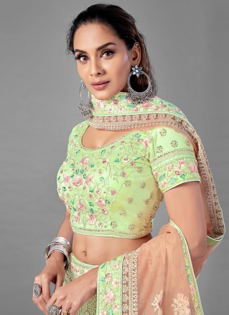 Soft Net Base With Heavy Work Pista Green Lehenga Choli Cheap Get Authentic