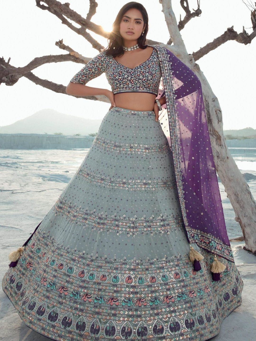 Elegant Grey Embroidered Georgette Embroidered Lehenga Choli Discount Purchase