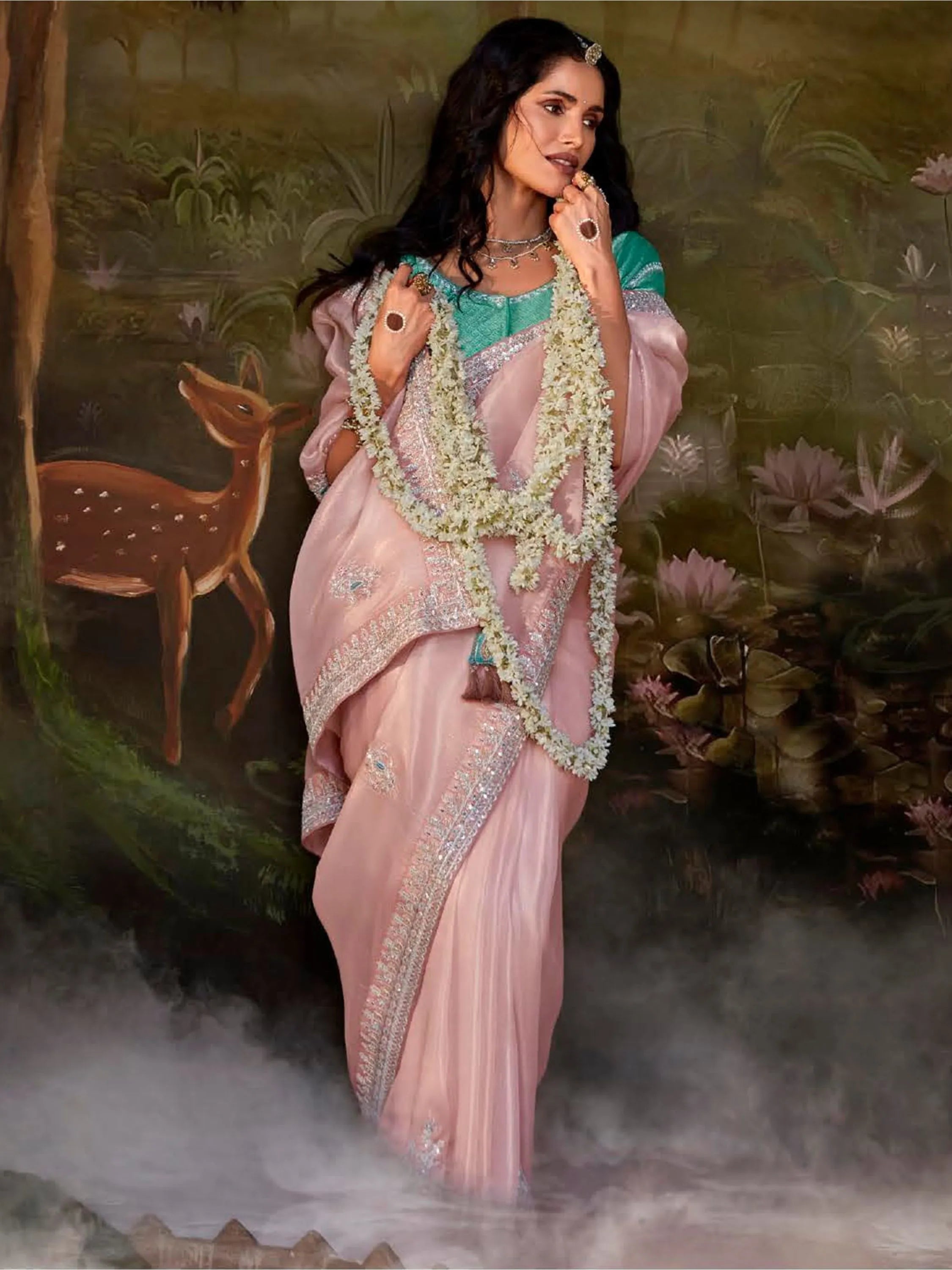 Light Pink Pure Organza Sequins Embroidered Designer Saree Free Shipping Comfortable