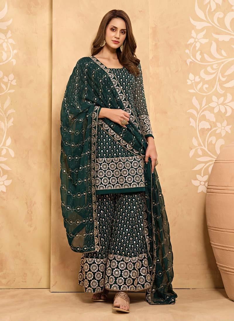 Georgette Fabric Zari And Mirror Work Green Color Sharara Salwar Suit With Credit Card