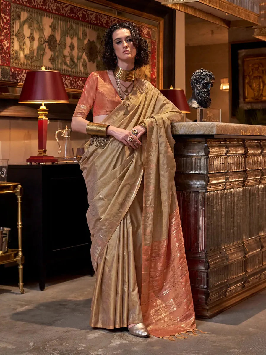 Glowing Golden Tussar Silk Handloomed Saree Clearance Geniue Stockist