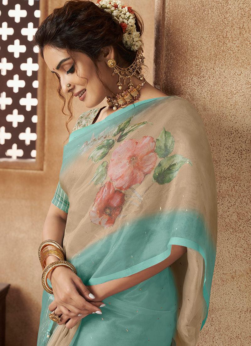 Organza Base Printed Turquoise Floral Saree Genuine Sale Online