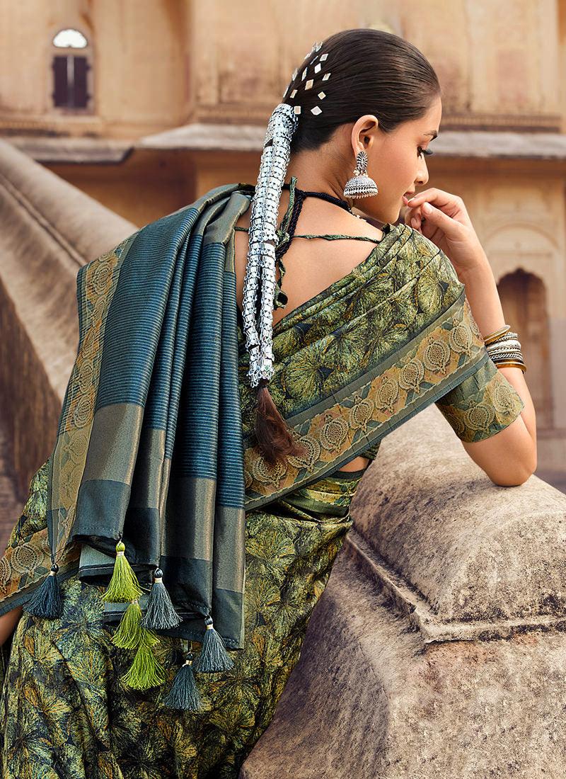 Digital Print Dark Green Textured Silk Saree Buy Cheap Limited Edition