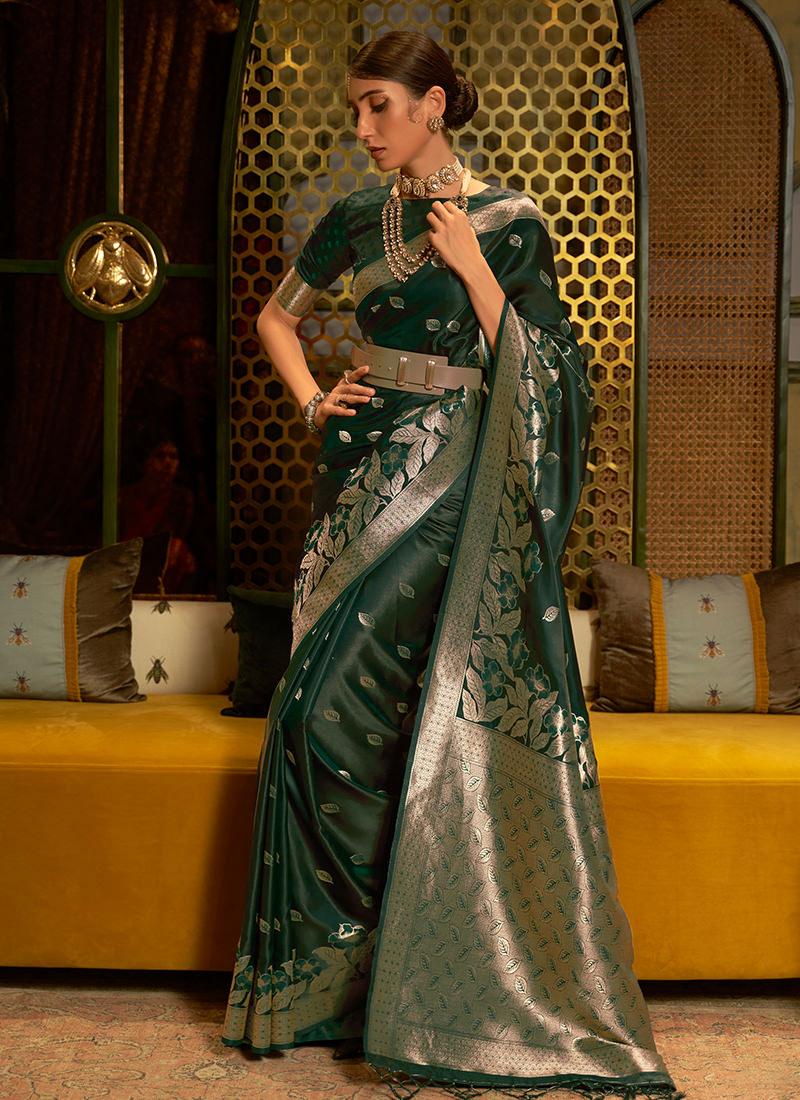 Dark Green Striped Silk Weave Classic Saree How Much Online