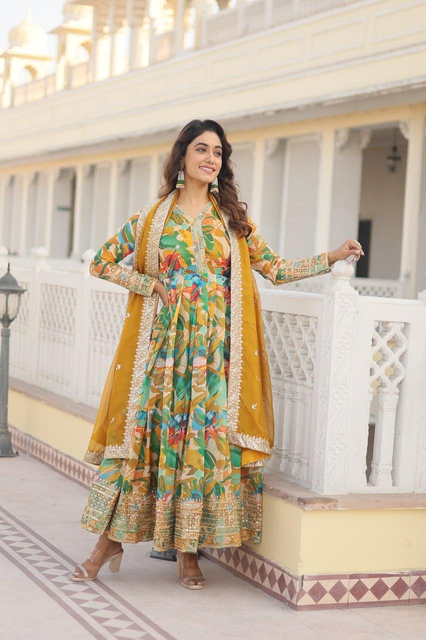 Floral Digital Printed Zari Sequins Worked Gown With Dupatta Good Selling Online