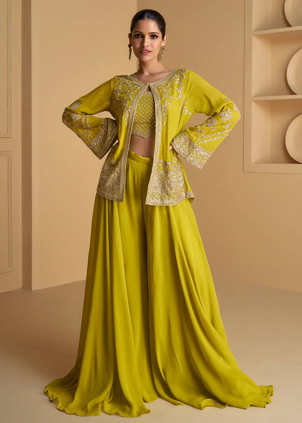 Chartreuse Green Georgette Top Palazzo Suit With Embroidered Jacket Genuine Cheap Online