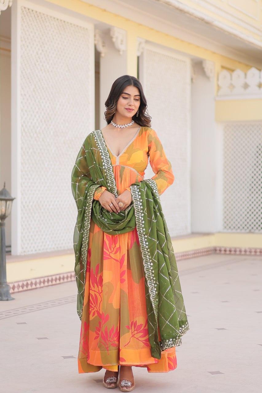 Multi color silk  printed gown with Embroidered dupatta Supply