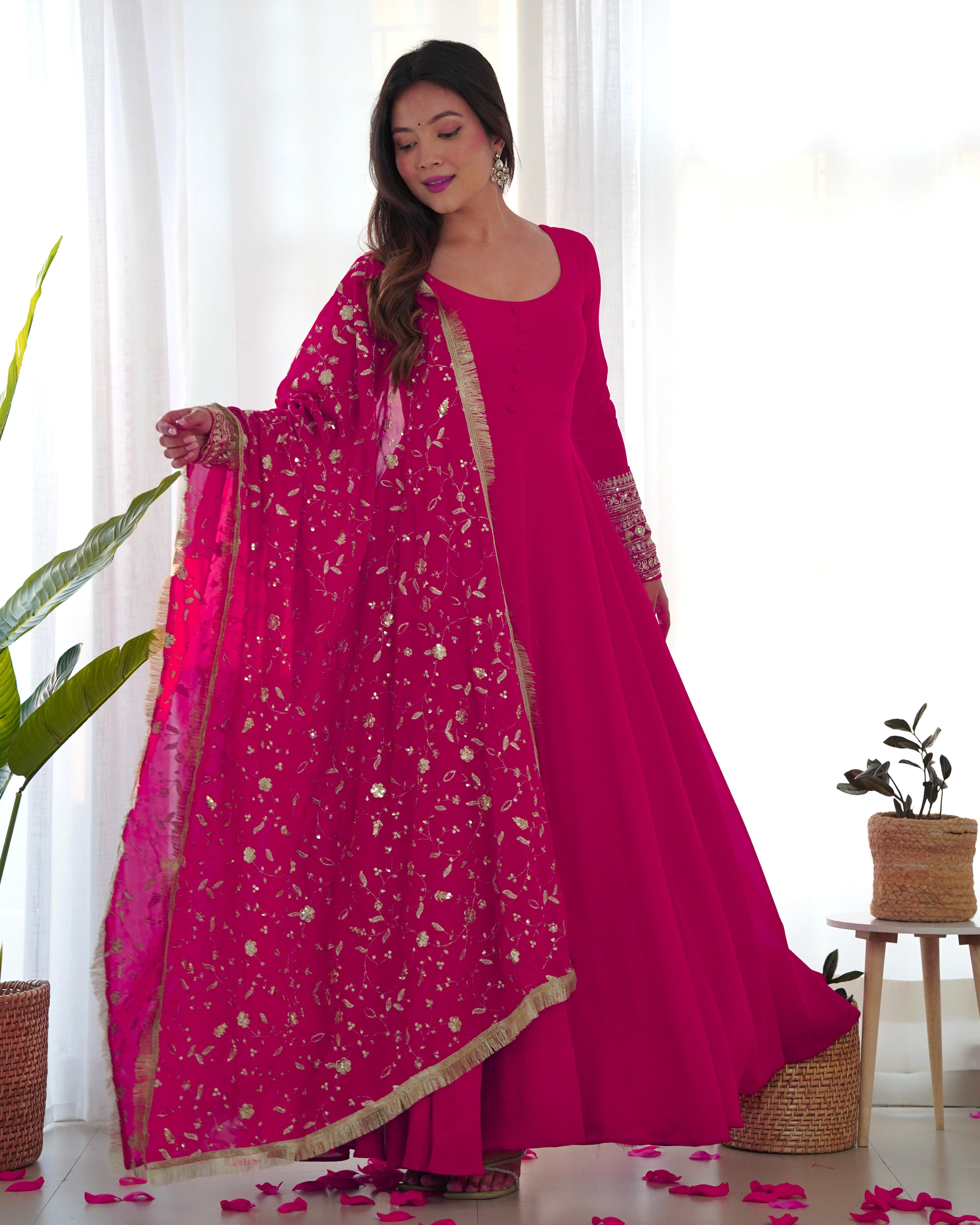 Rani Pink Color Georgette Gown With Dupatta Set Discount Original