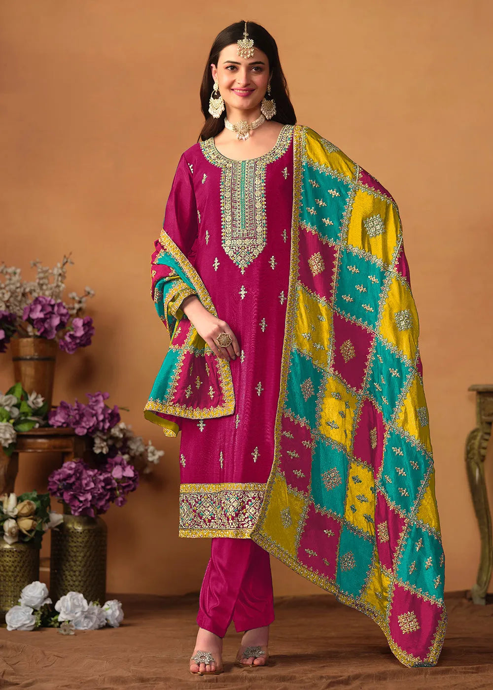 Glowing and Dazzling Chinon Silk Pink Salwar Suit Cheap Sale Pictures