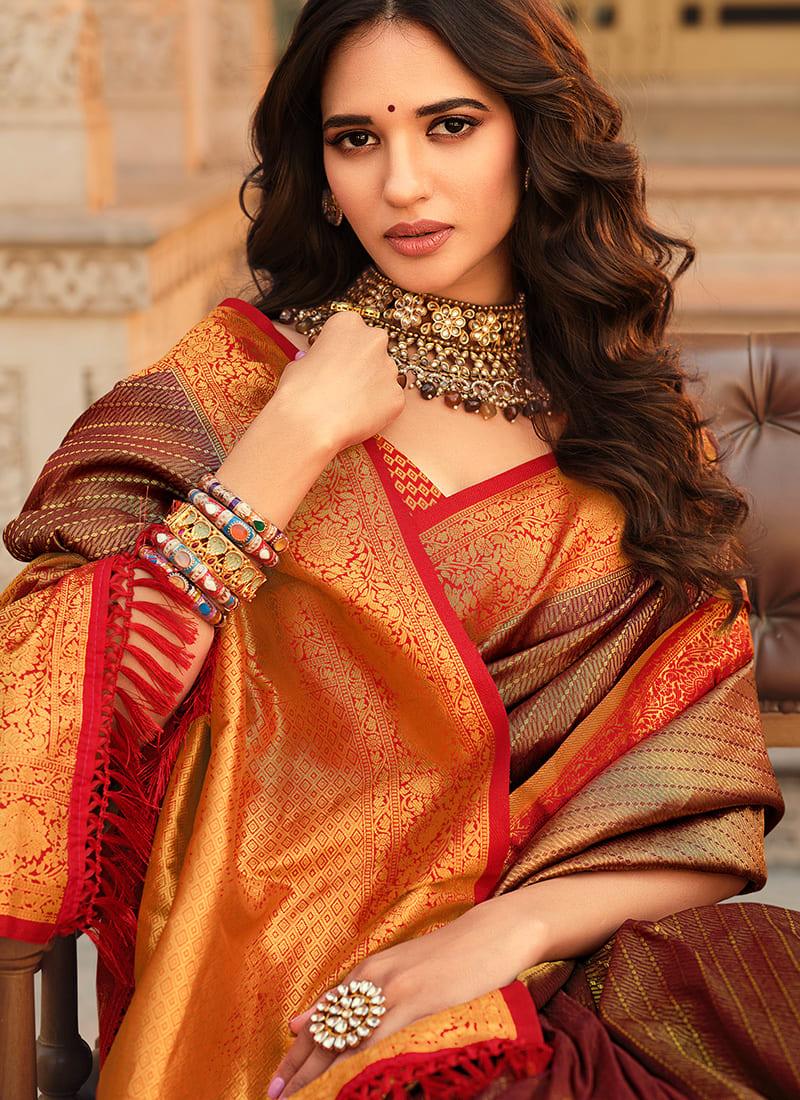 Kanjiveram Soft Silk Material Brown Color Saree With Silk Weave Buy Cheap Fake