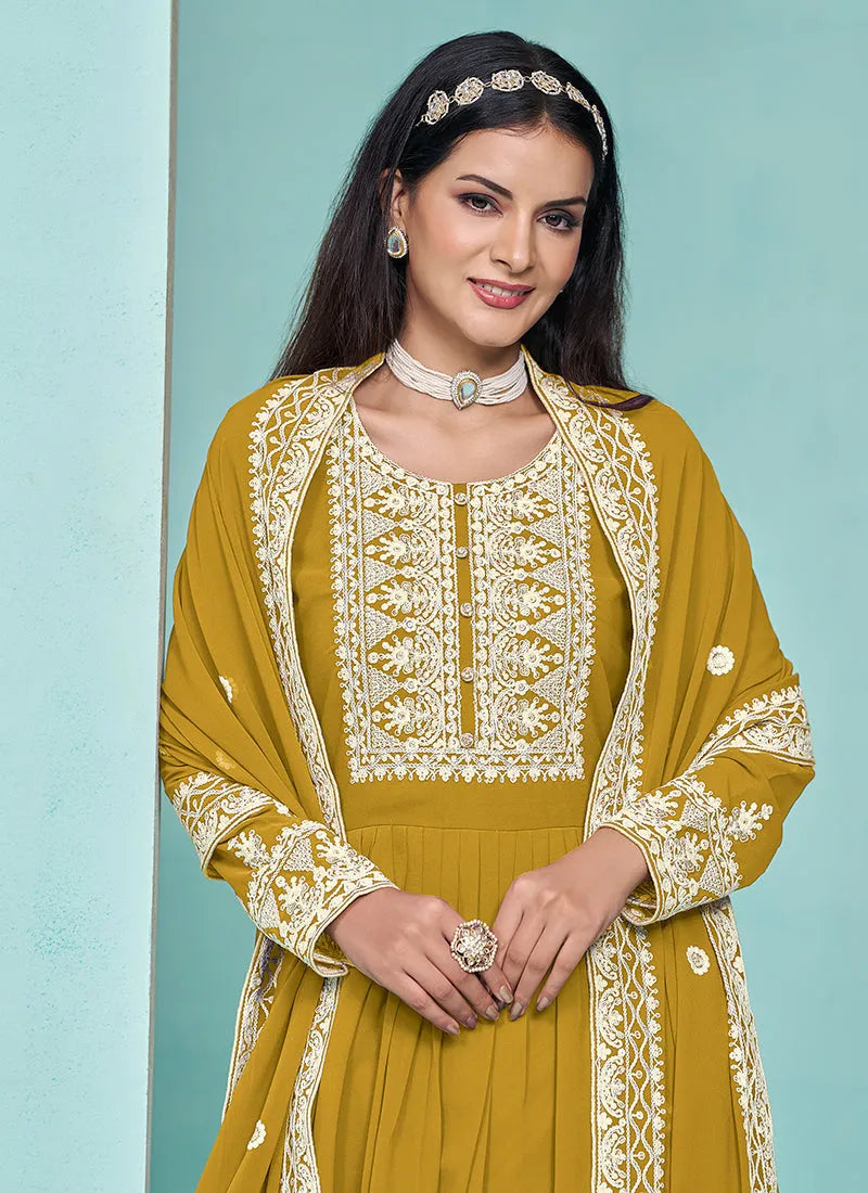 Traditional Mustard Yellow  Embroidered  Anarkali Palazzo Suit Sale Ebay