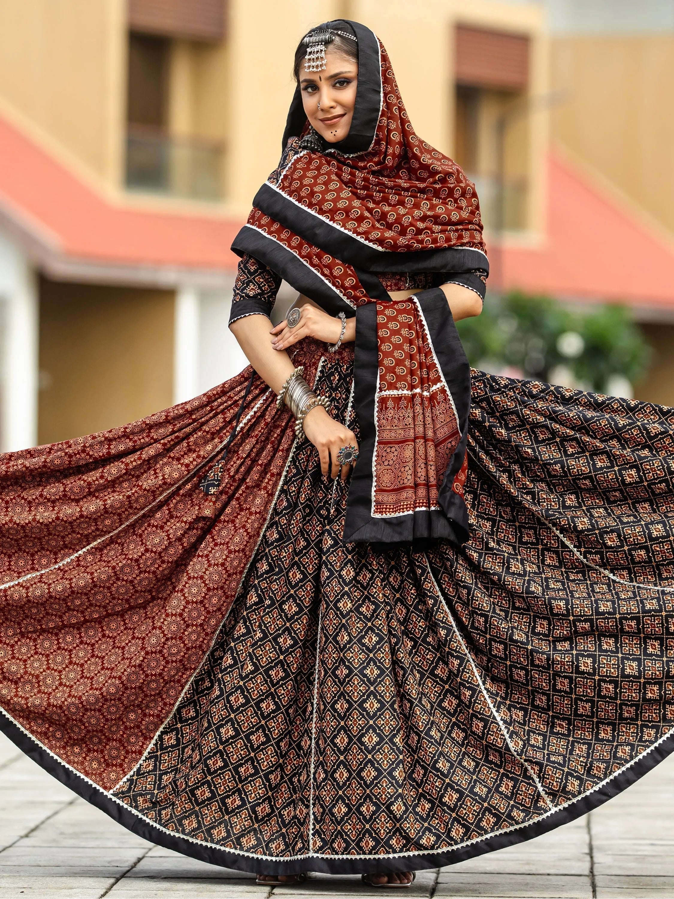 Black and Maroon Cotton Flared Rajwadi Navratri  Lehenga Choli Outlet 2025 New