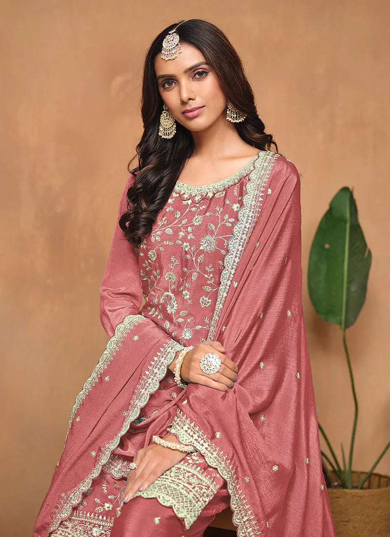 Peach Chinon Sequins Embroidered Top Palazzo Suit Cheap Sale Pictures