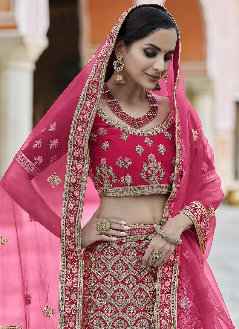 Fascinating Look Stone And Resham Work Velvet Base Pink Color Lehenga Sale Geniue Stockist