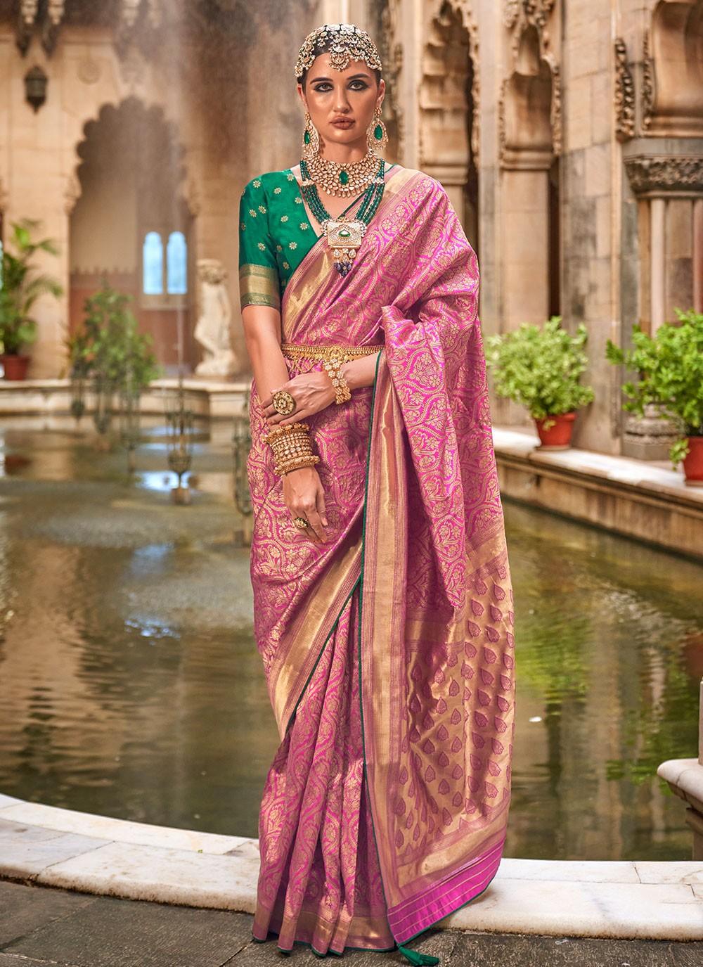 Deep Rose Banarasi Silk Jacquard Weaving Designer Saree Low Cost Sale Online