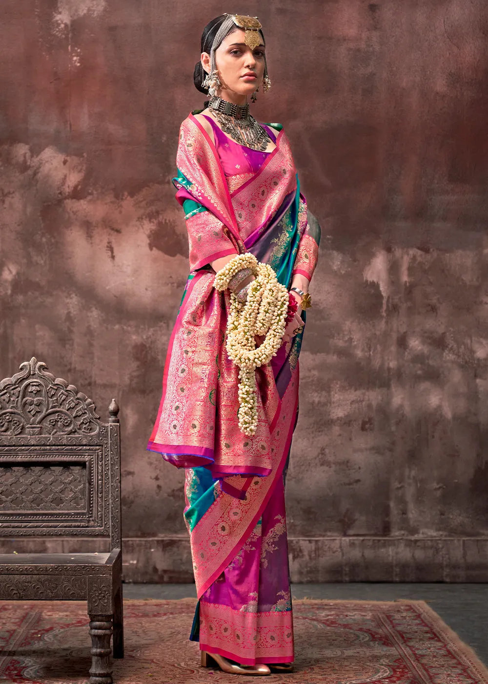 Stunning Blue-Pink Rangkaat Handloom Silk Saree Clearance Eastbay