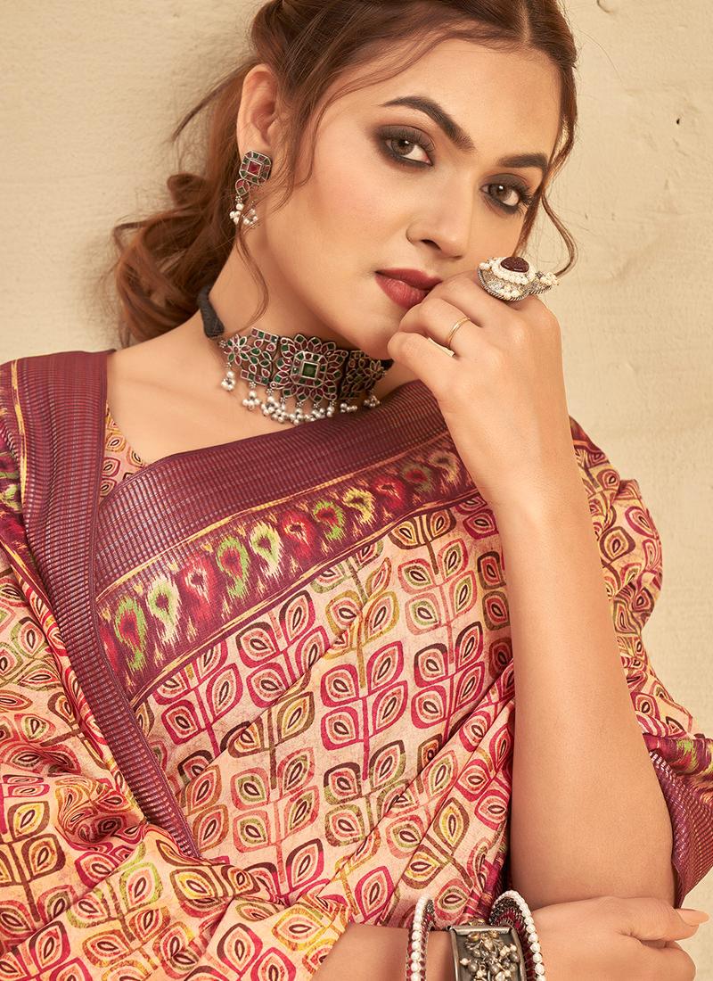 Silk With Digital Print Cream Saree Cheap 2025 Newest