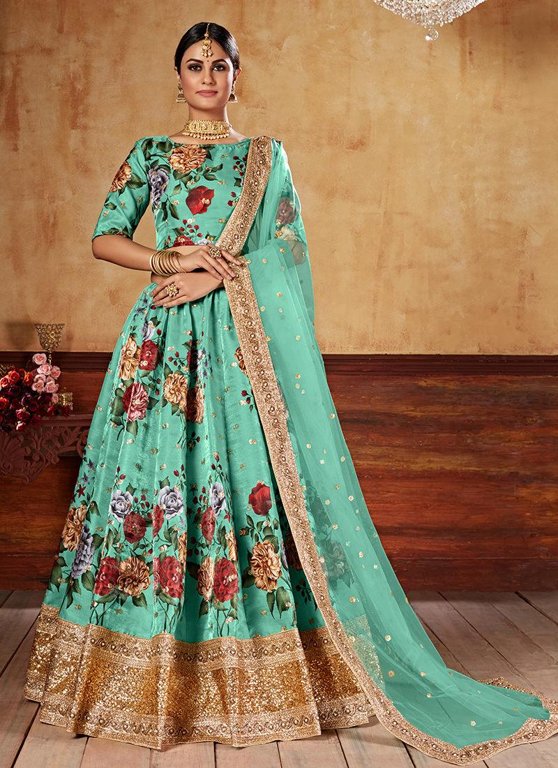 Heavy Sequins Digital Printed Green Floral Lehenga Discount For Nice